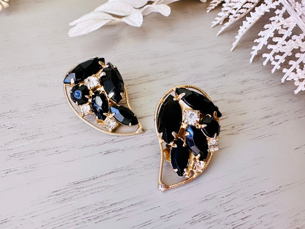 Rare WEISS Vintage Designer Earrings, Showstopping Black & Diamond Rhinestone Earrings, Gorgeous 1960's Crystal Teardrop Clip On Earrings