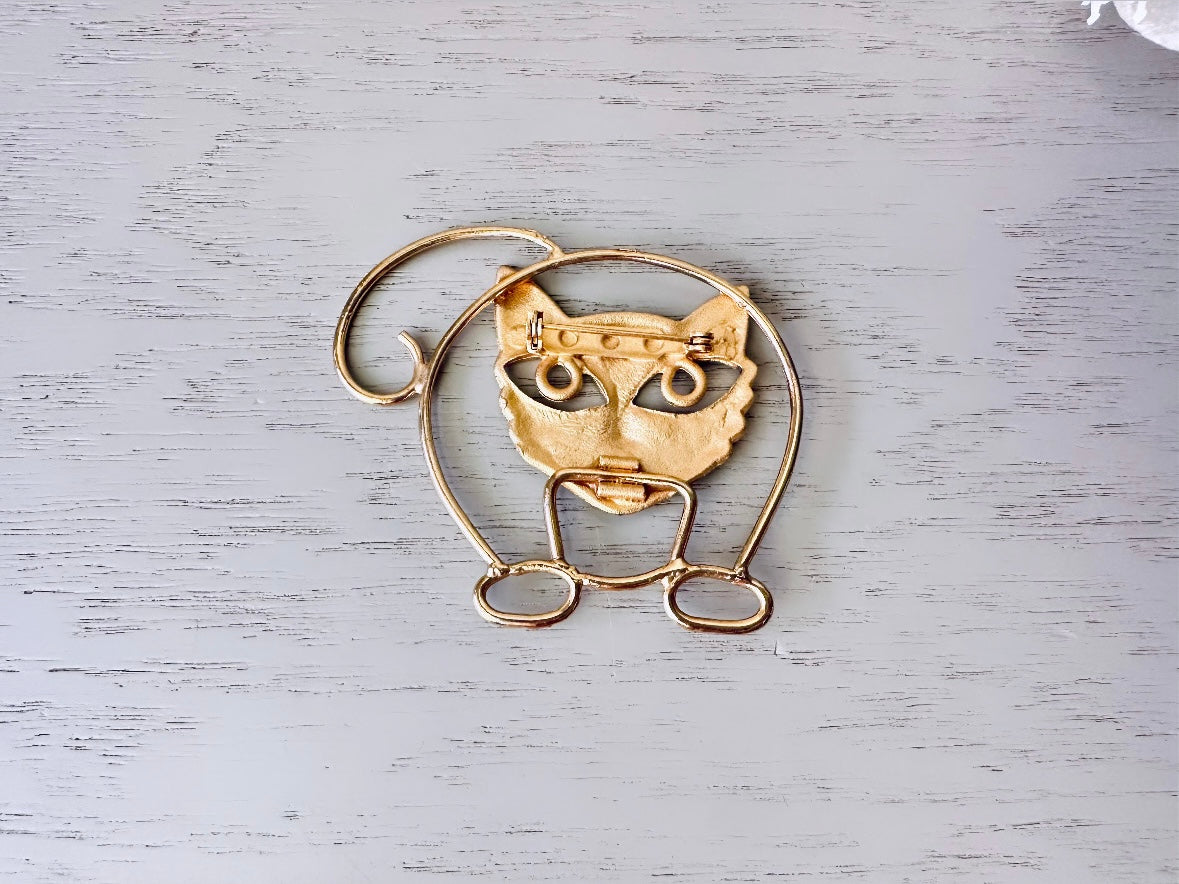 Gold Cat Brooch, Vintage Cat Pin, Vintage Modernist Gold Cat Kitty Wire Brooch, Quirky Animal Brooch, Cat Lover Gift, Cat Outline Brooch