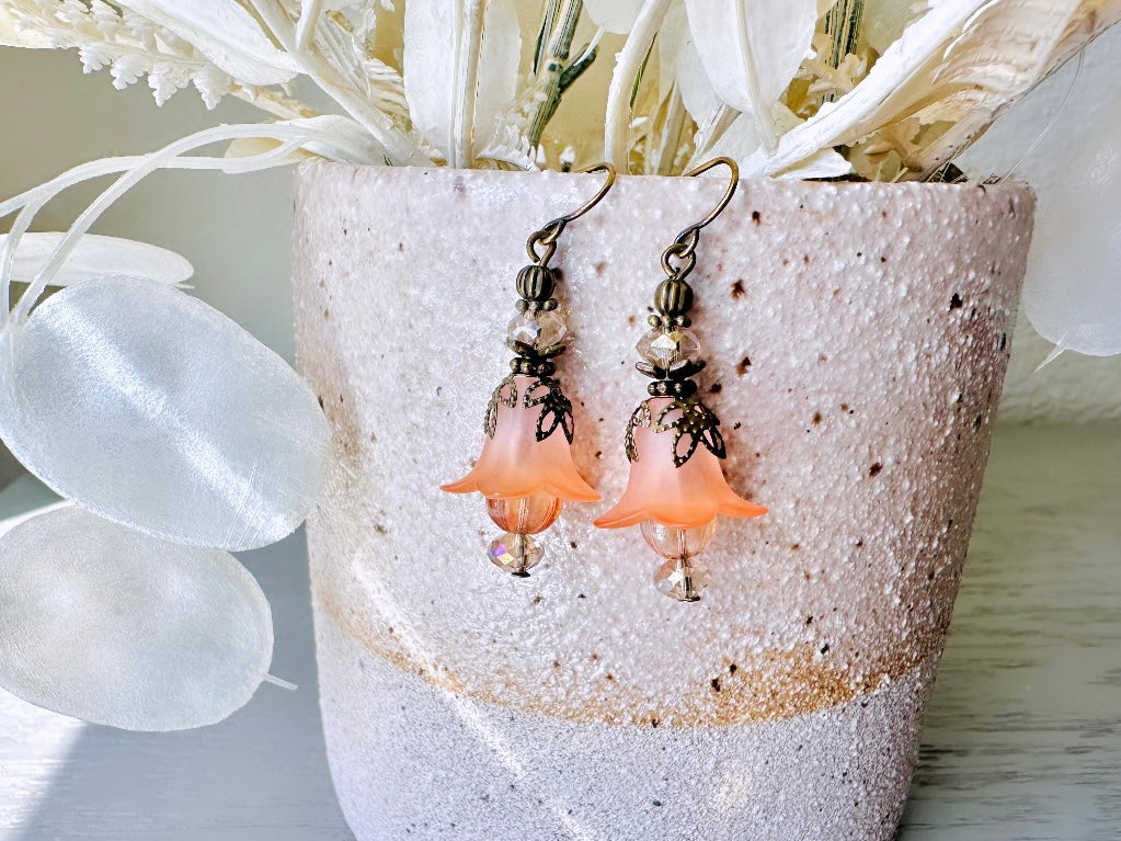 Peach Flower Earrings, Handmade Peach Lucite Flower Earrings, Peachy Spring Faerie Earrings, Fantasy Fairy Dangle Earrings, Antique Bronze FDE7