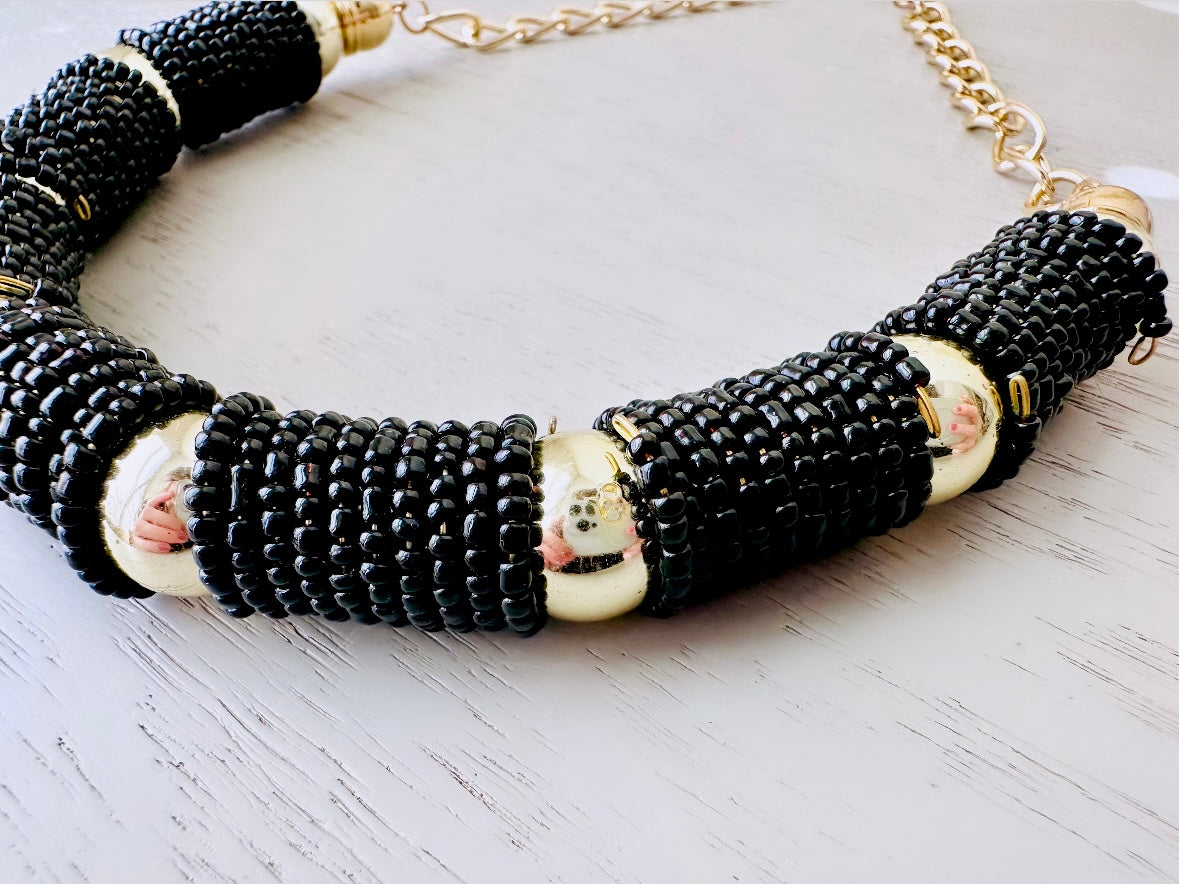 Gold and Black Beaded Necklace, Gold Bead Necklace with Black Beaded Glass Accents, Geometric Vintage Necklace