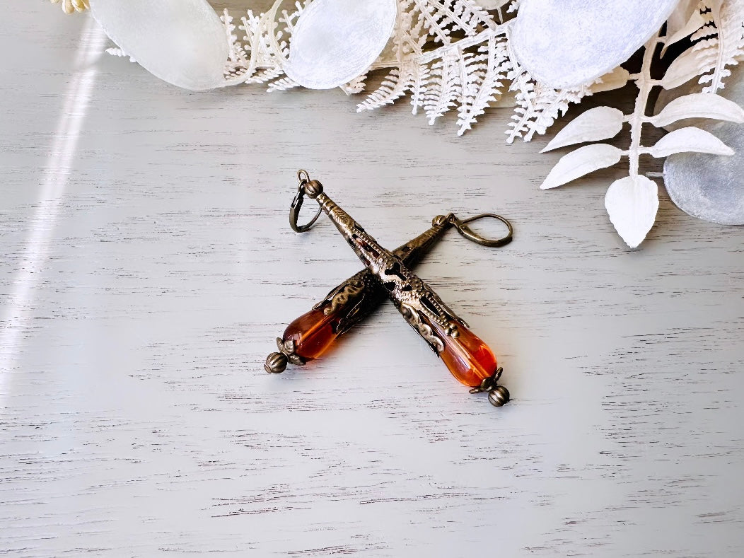 Handmade Amber Teardrop Earrings, Intricate Stamped Bronze or Silver Filigree Cones with Beaded Crystals, Victorian Inspired Dangle Earrings DA3 VFC