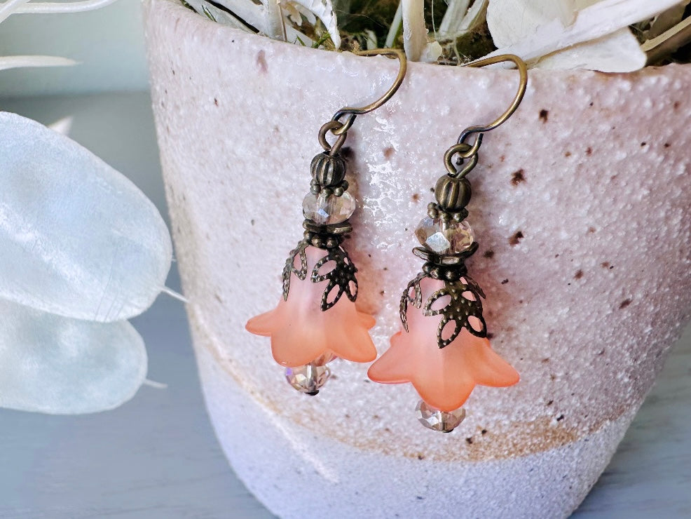 Peach Flower Earrings, Handmade Peach Lucite Flower Earrings, Peachy Spring Faerie Earrings, Fantasy Fairy Dangle Earrings, Antique Bronze FDE7