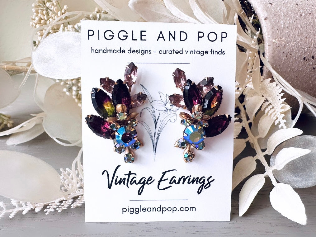 Extraordinary Purple Vintage Rhinestone Earrings, Vintage 1960's Crystal Climber Clip On Earrings, Sparkling Amethyst Wing Earrings  Gold