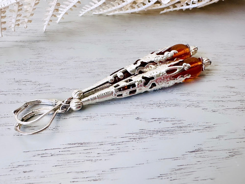 Handmade Amber Teardrop Earrings, Intricate Stamped Bronze or Silver Filigree Cones with Beaded Crystals, Victorian Inspired Dangle Earrings DA3 VFC