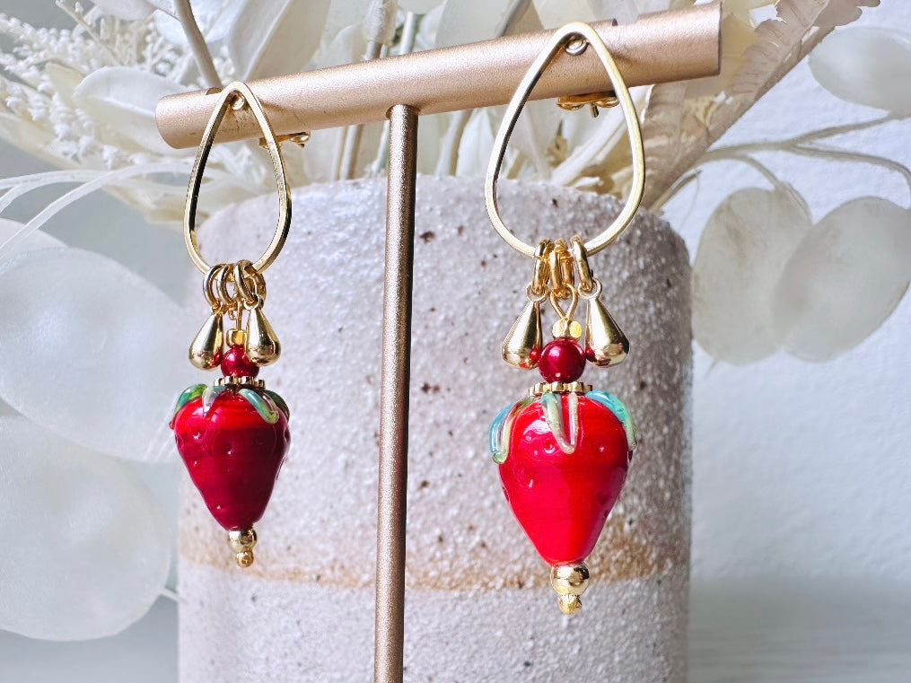 Strawberry Earrings, Original Handmade 24k Gold + Murano Glass Earring, Unique Fruit Charm Earrings, Glass Strawberry Earrings Pink or Red