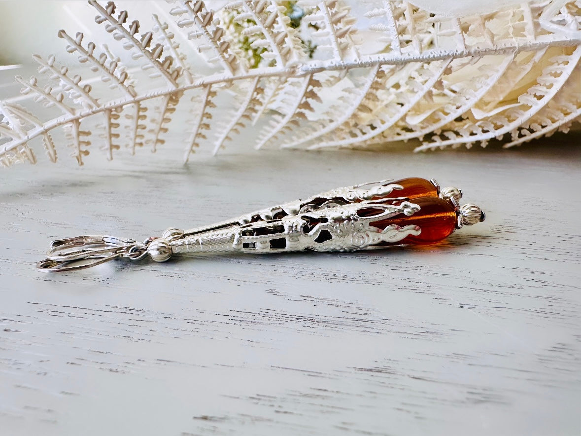 Handmade Amber Teardrop Earrings, Intricate Stamped Bronze or Silver Filigree Cones with Beaded Crystals, Victorian Inspired Dangle Earrings DA3 VFC