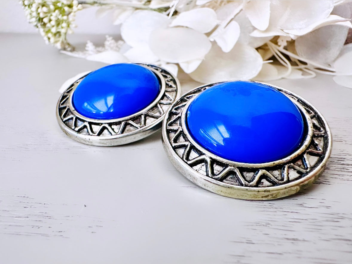 Huge Blue and Silver Earrings, Big Vintage Earrings, Cute Clip on Earrings, Retro 80s Fashion, Acrylic Southwestern Boho Earrings