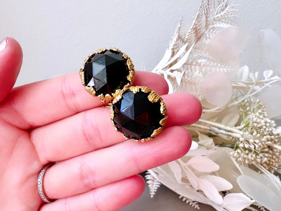 Stunning 1950's Black and Gold Faceted Earrings, Signed Designer Vintage Jonne  Round Clip On Earrings, Elegant Black Rhinestone Earrings
