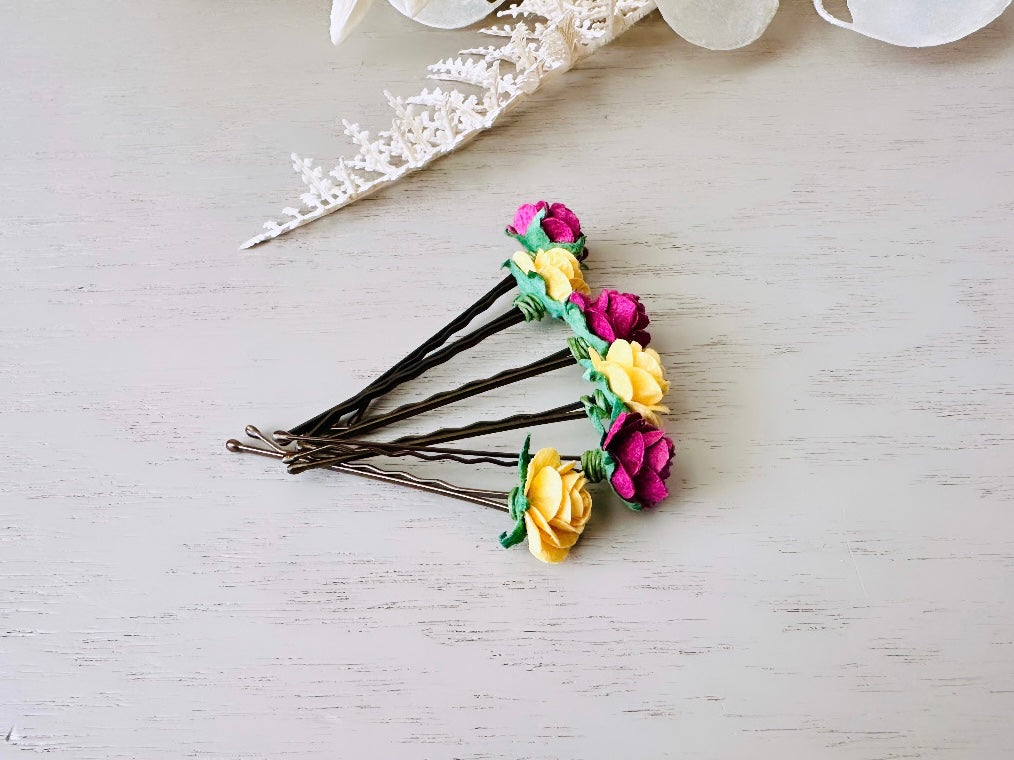 Rose Hair Pins in Marigold Yellow & Plum Wine, Paper Rose Bobby Pin, Floral Hair Accessories, Handmade Flower HairPins for Wedding Prom Hair from Piggle and Pop