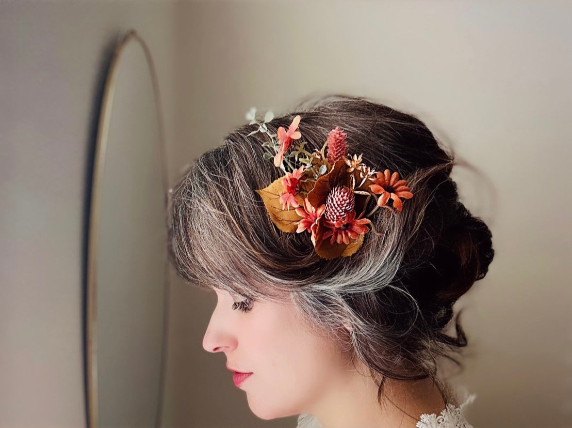 Autumn Hair Clip, Rustic Orange Browns + Pink Fall Foliage Wedding Hair, Floral Autumn Fascinator Burnt Orange Copper Bride Hair Accessories