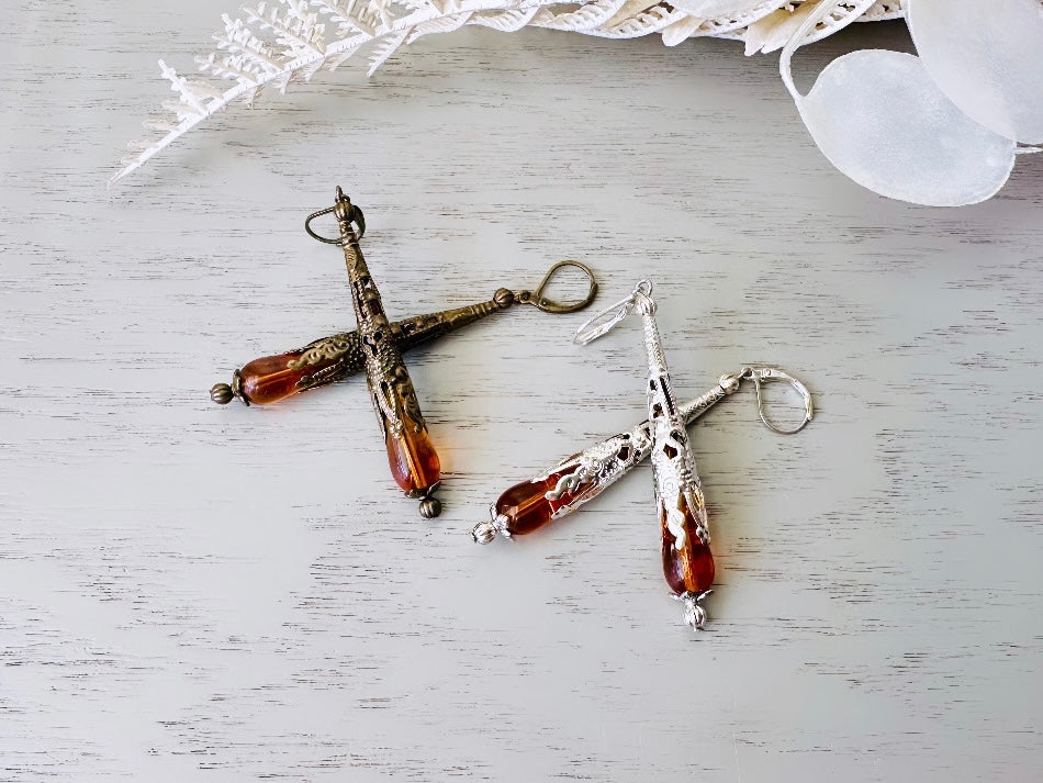 Handmade Amber Teardrop Earrings, Intricate Stamped Bronze or Silver Filigree Cones with Beaded Crystals, Victorian Inspired Dangle Earrings DA3 VFC