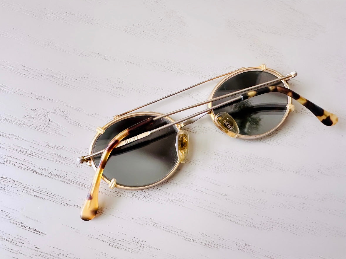 Vintage 90s Sunglasses, Amazing Vintage DKNY Sunglasses, Gold Wire Frame Oval Glasses Snap On Shades, Authentic 1990's Vintage Accessories