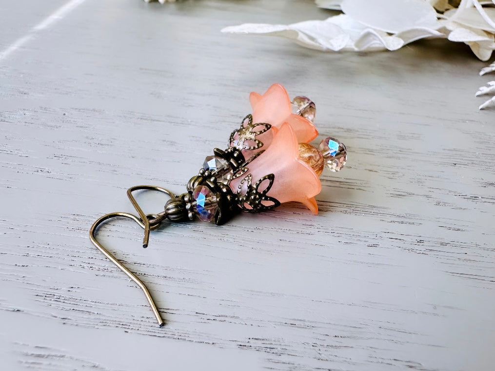 Peach Flower Earrings, Handmade Peach Lucite Flower Earrings, Peachy Spring Faerie Earrings, Fantasy Fairy Dangle Earrings, Antique Bronze FDE7