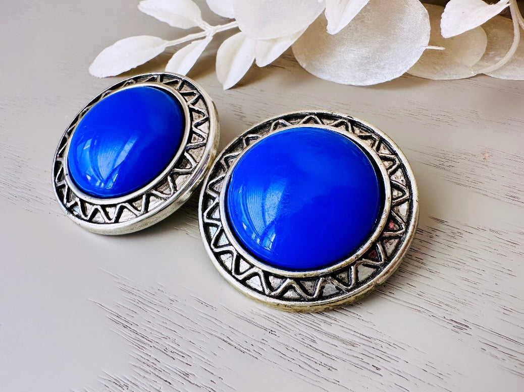 Huge Blue and Silver Earrings, Big Vintage Earrings, Cute Clip on Earrings, Retro 80s Fashion, Acrylic Southwestern Boho Earrings