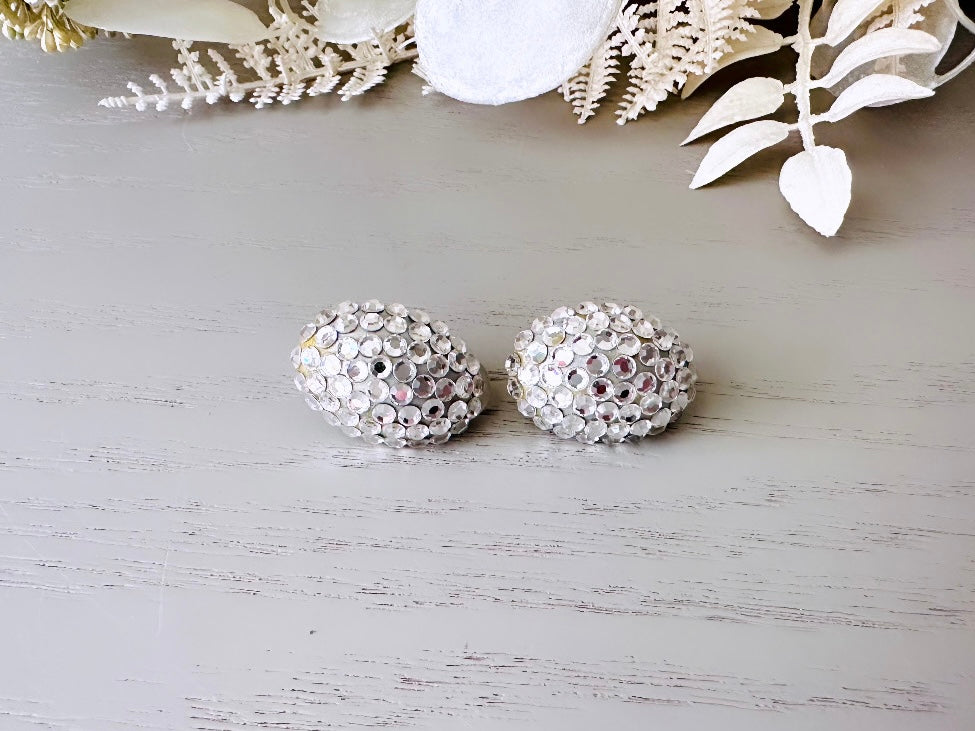 Richard Kerr Silver Vintage Earrings, Sparkling Silver Swarovski Pave Set Crystal Domed Oval Clip On Earrings, Rare Designer 1980s Earrings