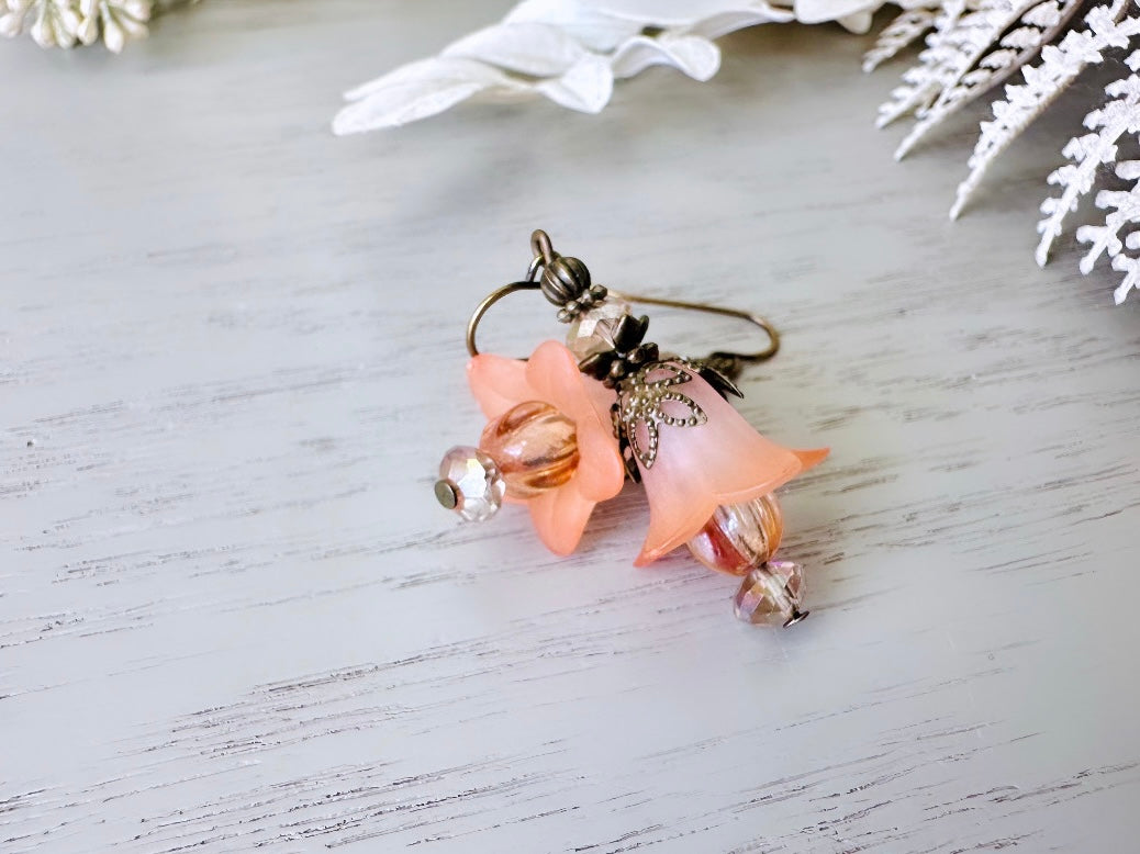 Peach Flower Earrings, Handmade Peach Lucite Flower Earrings, Peachy Spring Faerie Earrings, Fantasy Fairy Dangle Earrings, Antique Bronze FDE7