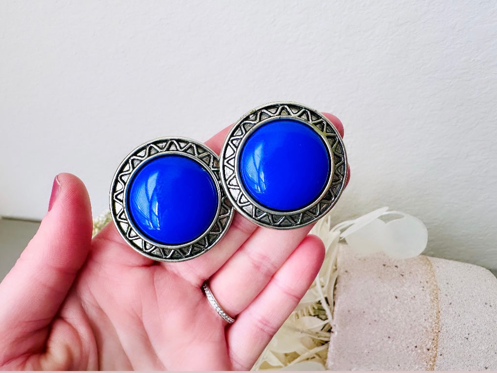 Huge Blue and Silver Earrings, Big Vintage Earrings, Cute Clip on Earrings, Retro 80s Fashion, Acrylic Southwestern Boho Earrings