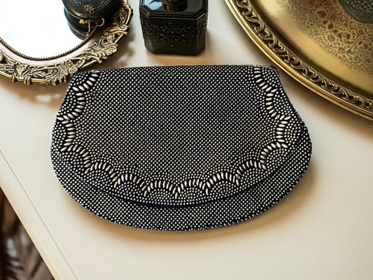 1960s Vintage Clutch, Black and Gold Beaded Evening Bag