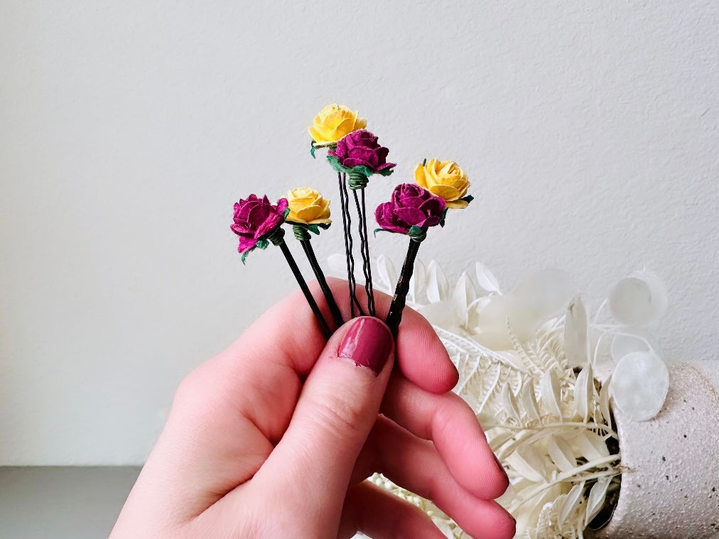 Rose Hair Pins in Marigold Yellow & Plum Wine, Paper Rose Bobby Pin, Floral Hair Accessories, Handmade Flower HairPins for Wedding Prom Hair from Piggle and Pop