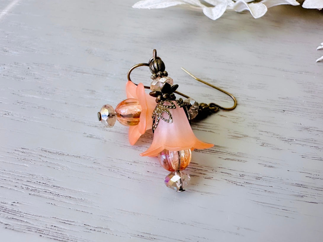 Peach Flower Earrings, Handmade Peach Lucite Flower Earrings, Peachy Spring Faerie Earrings, Fantasy Fairy Dangle Earrings, Antique Bronze FDE7