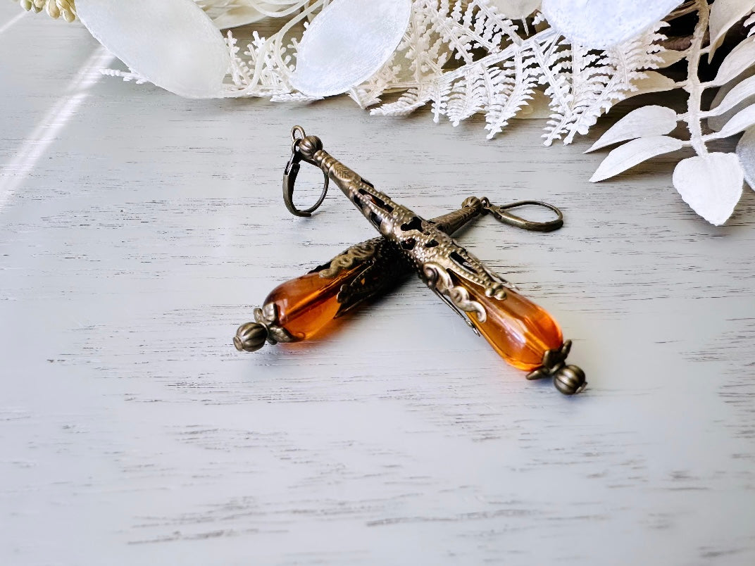 Handmade Amber Teardrop Earrings, Intricate Stamped Bronze or Silver Filigree Cones with Beaded Crystals, Victorian Inspired Dangle Earrings DA3 VFC