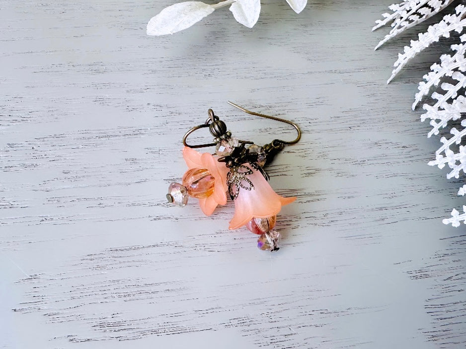 Peach Flower Earrings, Handmade Peach Lucite Flower Earrings, Peachy Spring Faerie Earrings, Fantasy Fairy Dangle Earrings, Antique Bronze FDE7