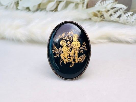 Gemini Zodiac Ring, Black Vintage Astrology Glass Cameo Ring with Gold Etching