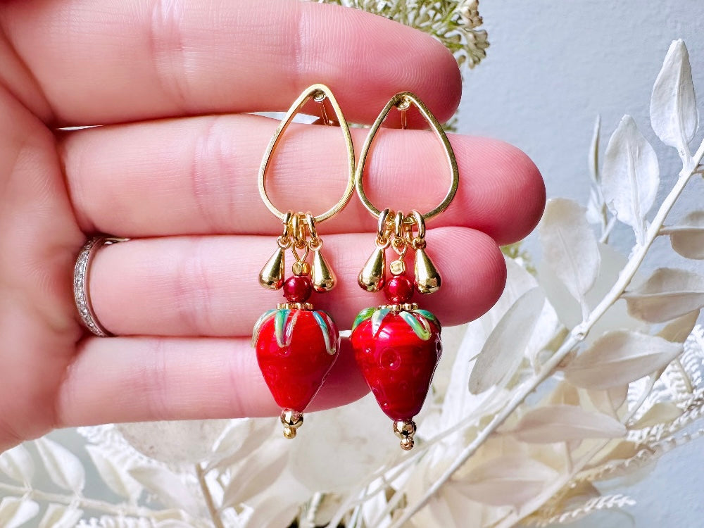 Strawberry Earrings, Original Handmade 24k Gold + Murano Glass Earring, Unique Fruit Charm Earrings, Glass Strawberry Earrings Pink or Red from Piggle and Pop