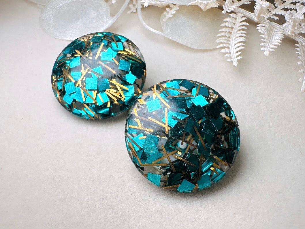 Glitter Confetti Earrings, Green Vintage Party Earrings, Teal and Gold Sparkly Clip on Earrings, Mod 60s Retro Holiday Jewelry