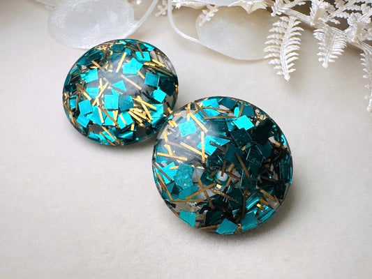 Glitter Confetti Earrings, Green Vintage Party Earrings, Teal and Gold Sparkly Clip on Earrings, Mod 60s Retro Holiday Jewelry