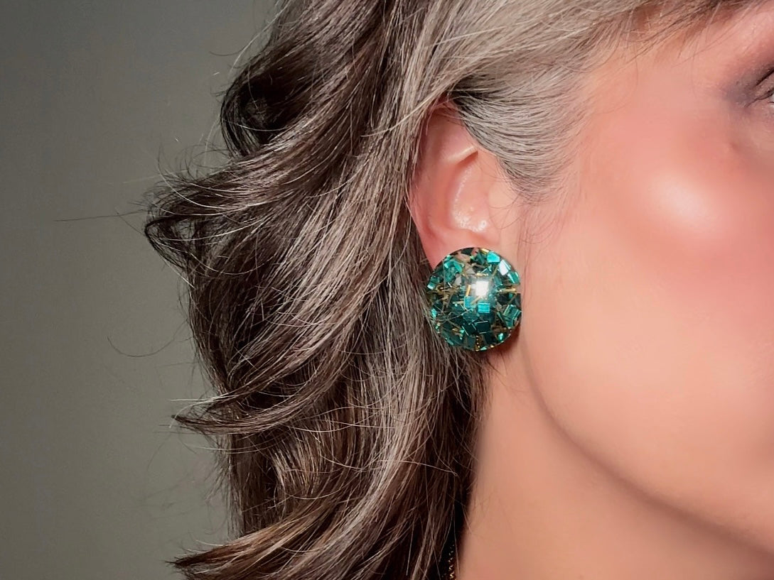 Glitter Confetti Earrings, Green Vintage Party Earrings, Teal and Gold Sparkly Clip on Earrings, Mod 60s Retro Holiday Jewelry