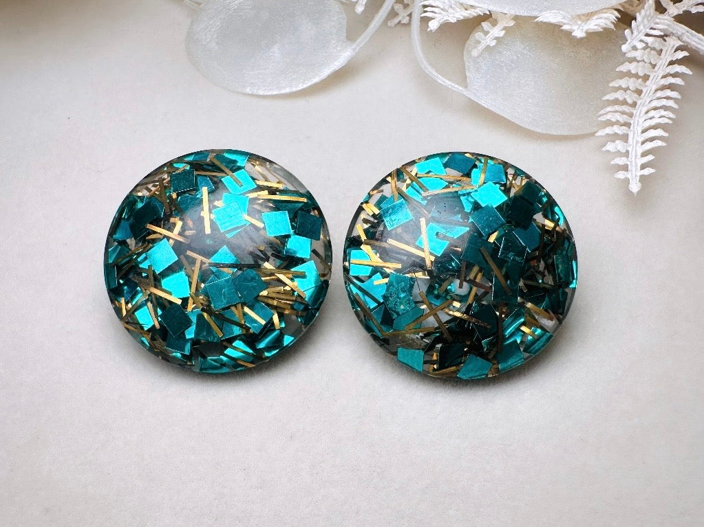 Glitter Confetti Earrings, Green Vintage Party Earrings, Teal and Gold Sparkly Clip on Earrings, Mod 60s Retro Holiday Jewelry