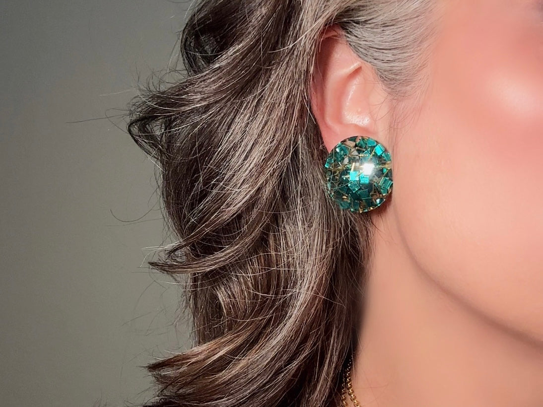 Glitter Confetti Earrings, Green Vintage Party Earrings, Teal and Gold Sparkly Clip on Earrings, Mod 60s Retro Holiday Jewelry
