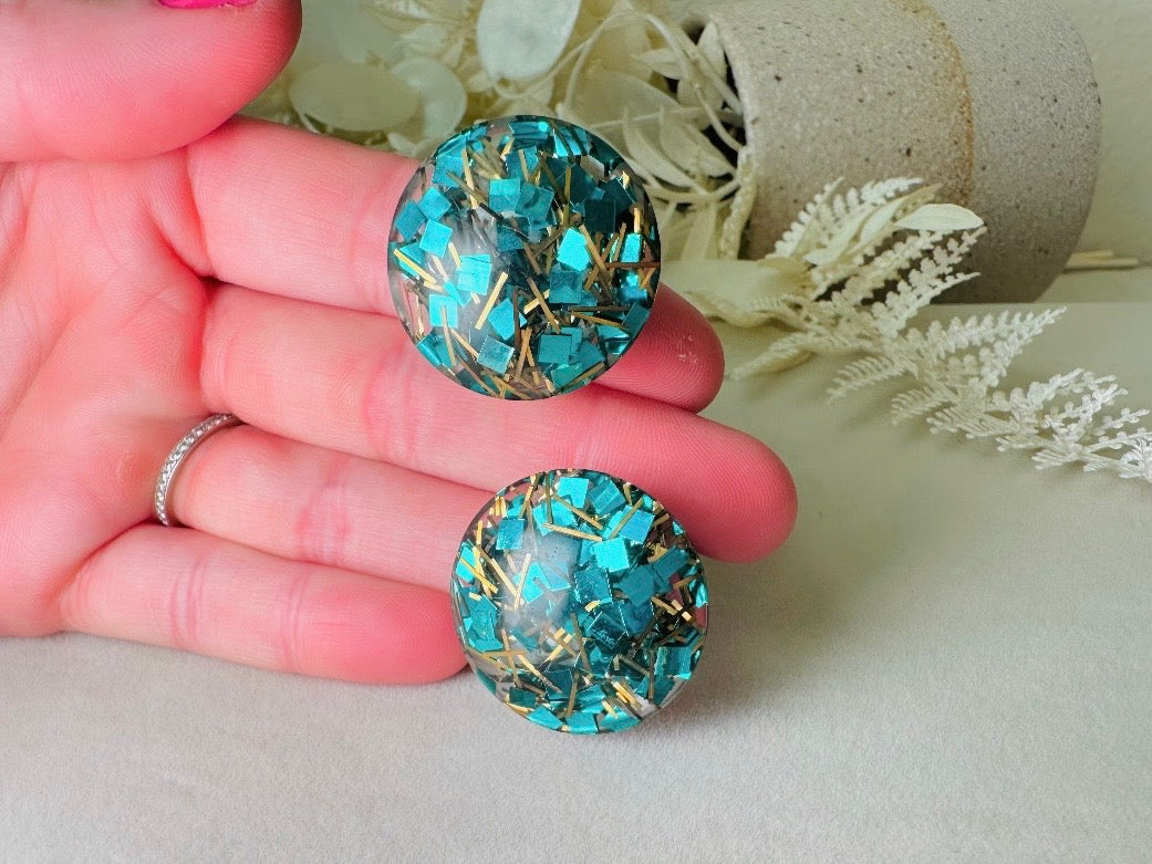 Glitter Confetti Earrings, Green Vintage Party Earrings, Teal and Gold Sparkly Clip on Earrings, Mod 60s Retro Holiday Jewelry