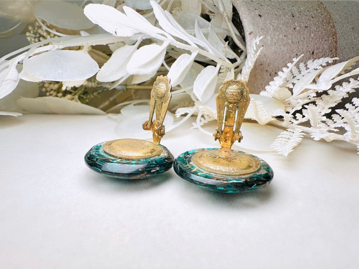 Glitter Confetti Earrings, Green Vintage Party Earrings, Teal and Gold Sparkly Clip on Earrings, Mod 60s Retro Holiday Jewelry