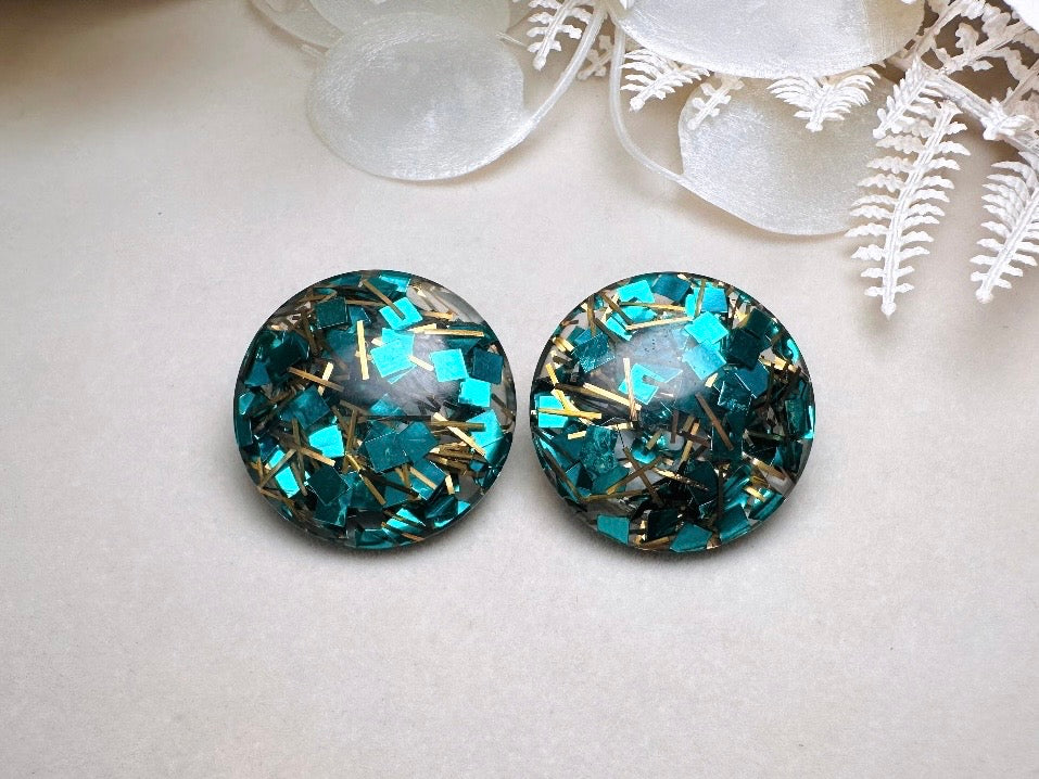 Glitter Confetti Earrings, Green Vintage Party Earrings, Teal and Gold Sparkly Clip on Earrings, Mod 60s Retro Holiday Jewelry