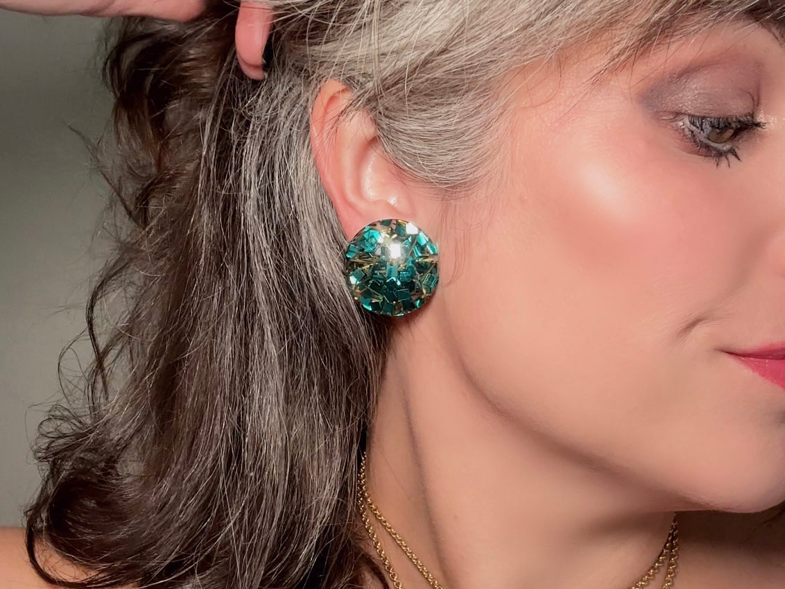 Glitter Confetti Earrings, Green Vintage Party Earrings, Teal and Gold Sparkly Clip on Earrings, Mod 60s Retro Holiday Jewelry