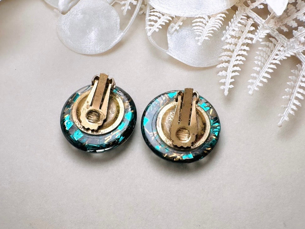 Glitter Confetti Earrings, Green Vintage Party Earrings, Teal and Gold Sparkly Clip on Earrings, Mod 60s Retro Holiday Jewelry