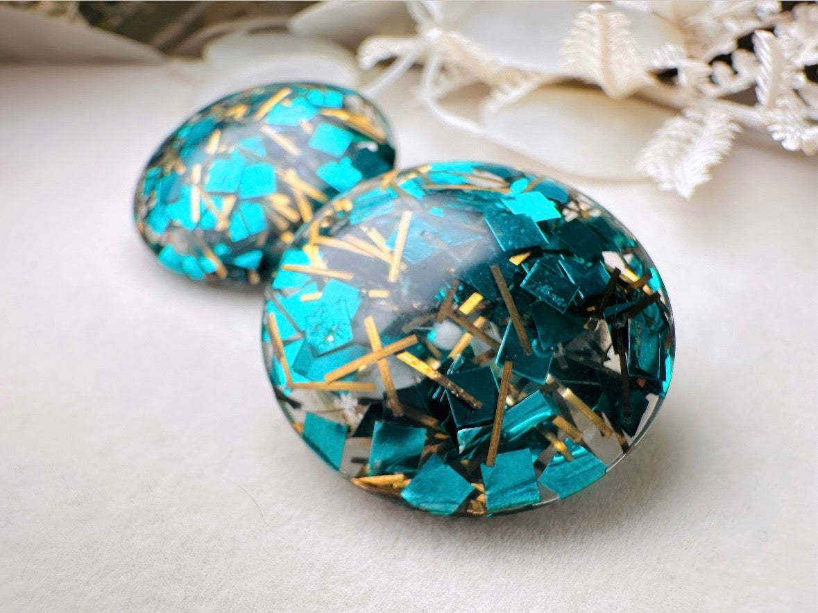 Glitter Confetti Earrings, Green Vintage Party Earrings, Teal and Gold Sparkly Clip on Earrings, Mod 60s Retro Holiday Jewelry
