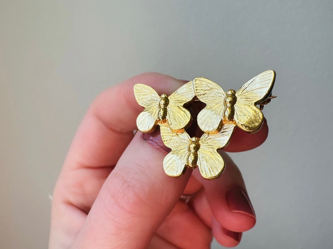 Gold Butterfly Brooch, Napier Vintage Gold Brooch, Triple Butterfly Pin held in hand