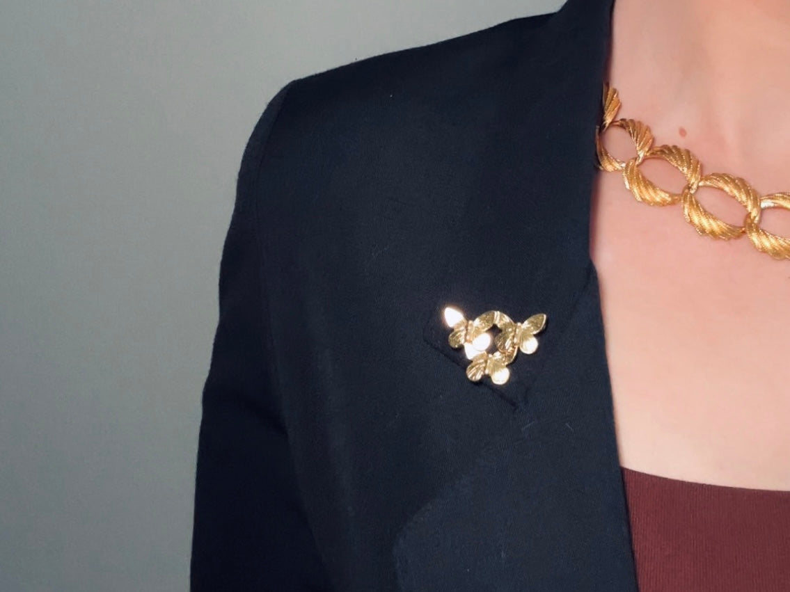 Gold Butterfly Brooch, Napier Vintage Gold Brooch, Triple Butterfly Pin shown worn on a black blazer lapel
