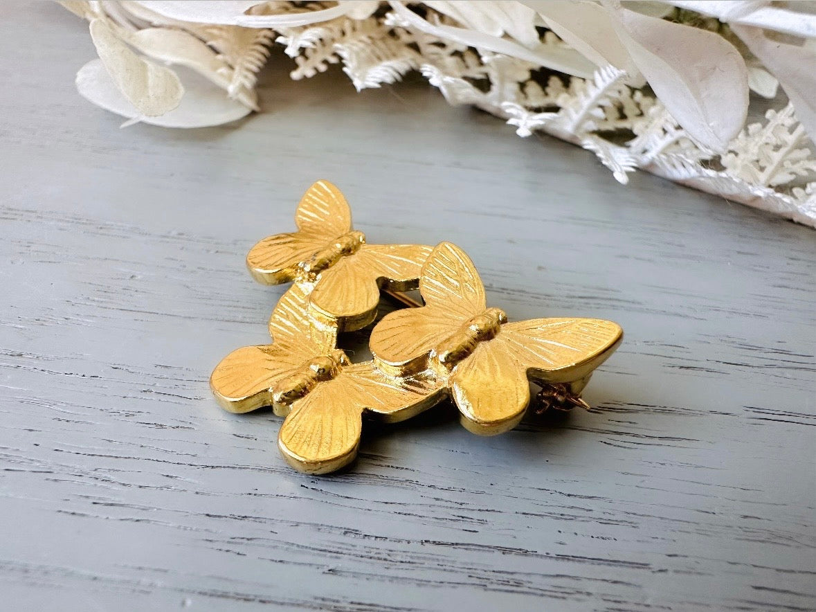 Gold Butterfly Brooch, Napier Vintage Gold Brooch, Triple Butterfly Pin  close up 