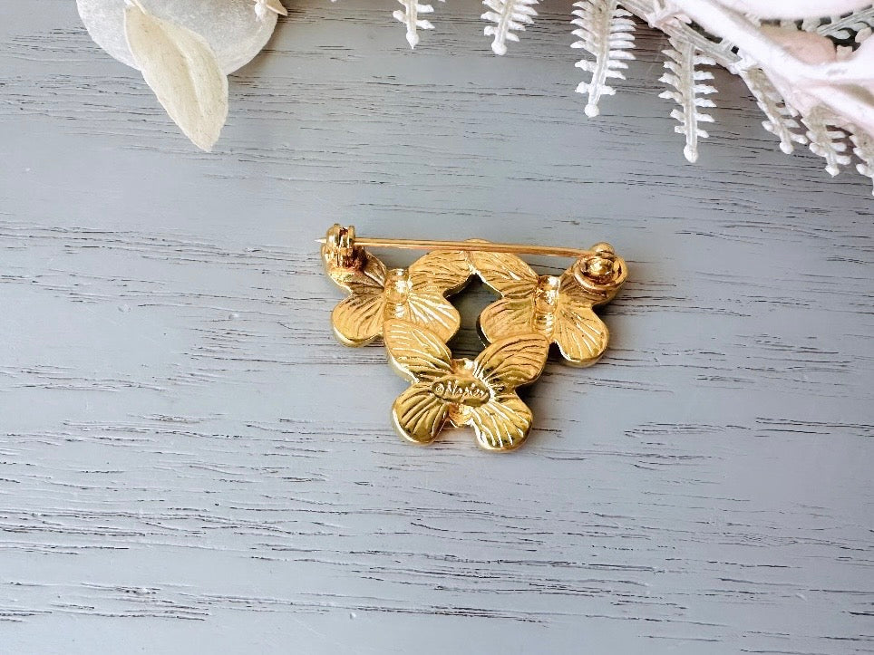 Gold Butterfly Brooch, Napier Vintage Gold Brooch, Triple Butterfly Pin reverse side showing signature stamp