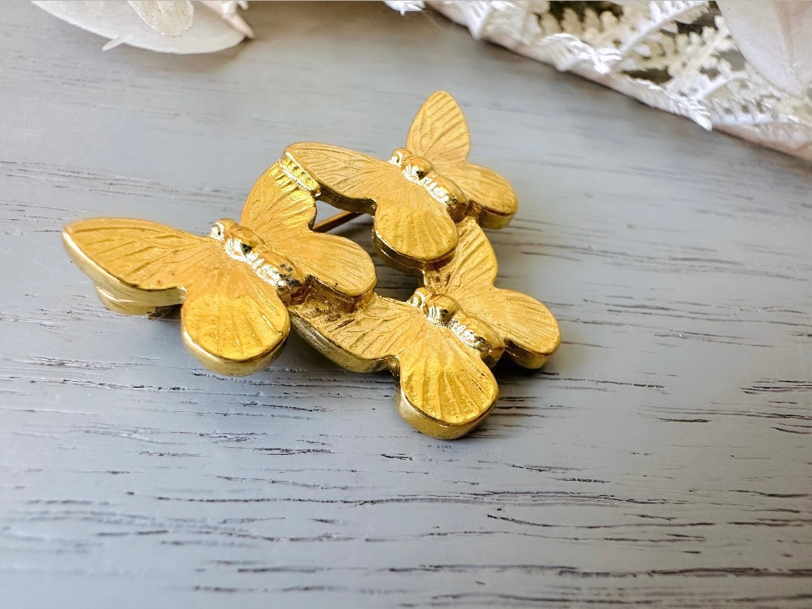 Gold Butterfly Brooch, Napier Vintage Gold Brooch, Triple Butterfly Pin close up for texture and size 