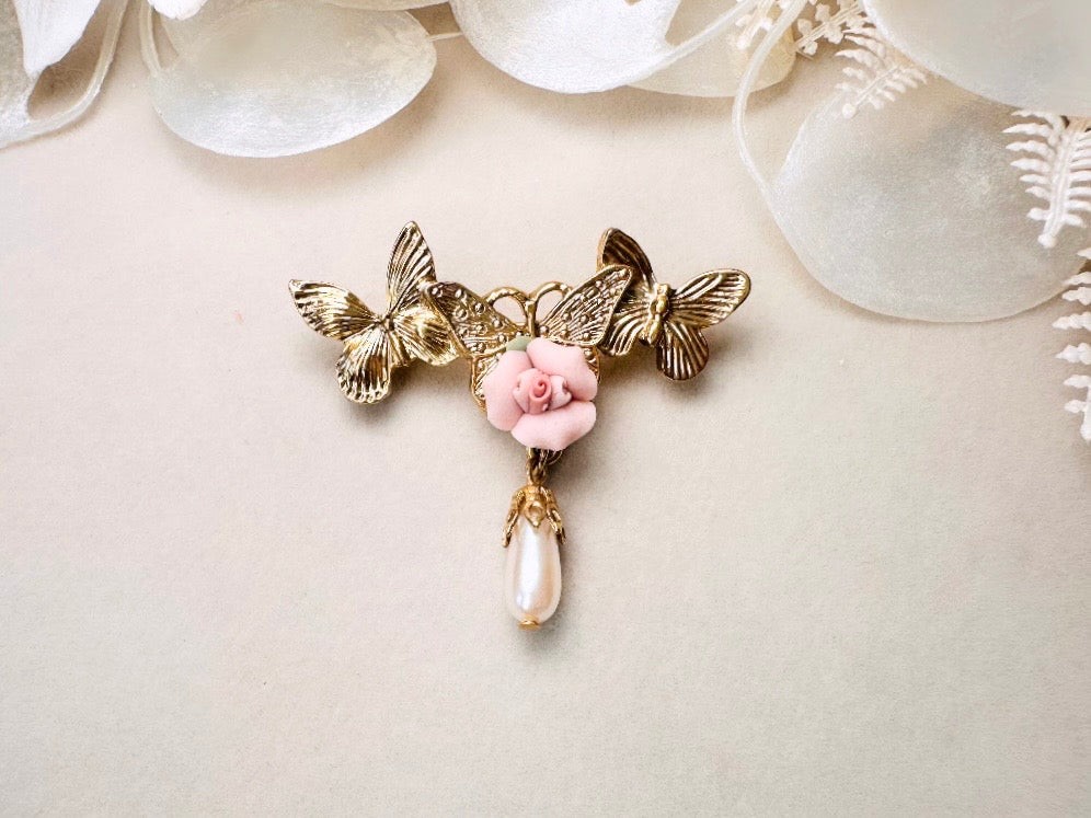 Gold Butterfly Brooch with Pink Porcelain Rose and Cream Pearl Teardrop, Romantic Vintage Coquette Victorian Revival Brooch Pin