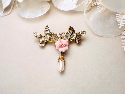 Gold Butterfly Brooch with Pink Porcelain Rose and Cream Pearl Teardrop, Romantic Vintage Coquette Victorian Revival Brooch Pin