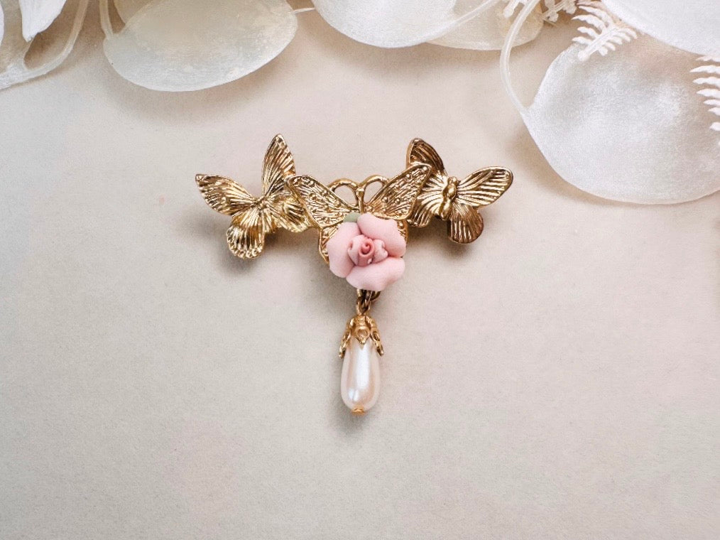 Gold Butterfly Brooch with Pink Porcelain Rose and Cream Pearl Teardrop, Romantic Vintage Coquette Victorian Revival Brooch Pin
