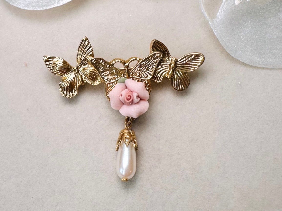Gold Butterfly Brooch with Pink Porcelain Rose and Cream Pearl Teardrop, Romantic Vintage Coquette Victorian Revival Brooch Pin