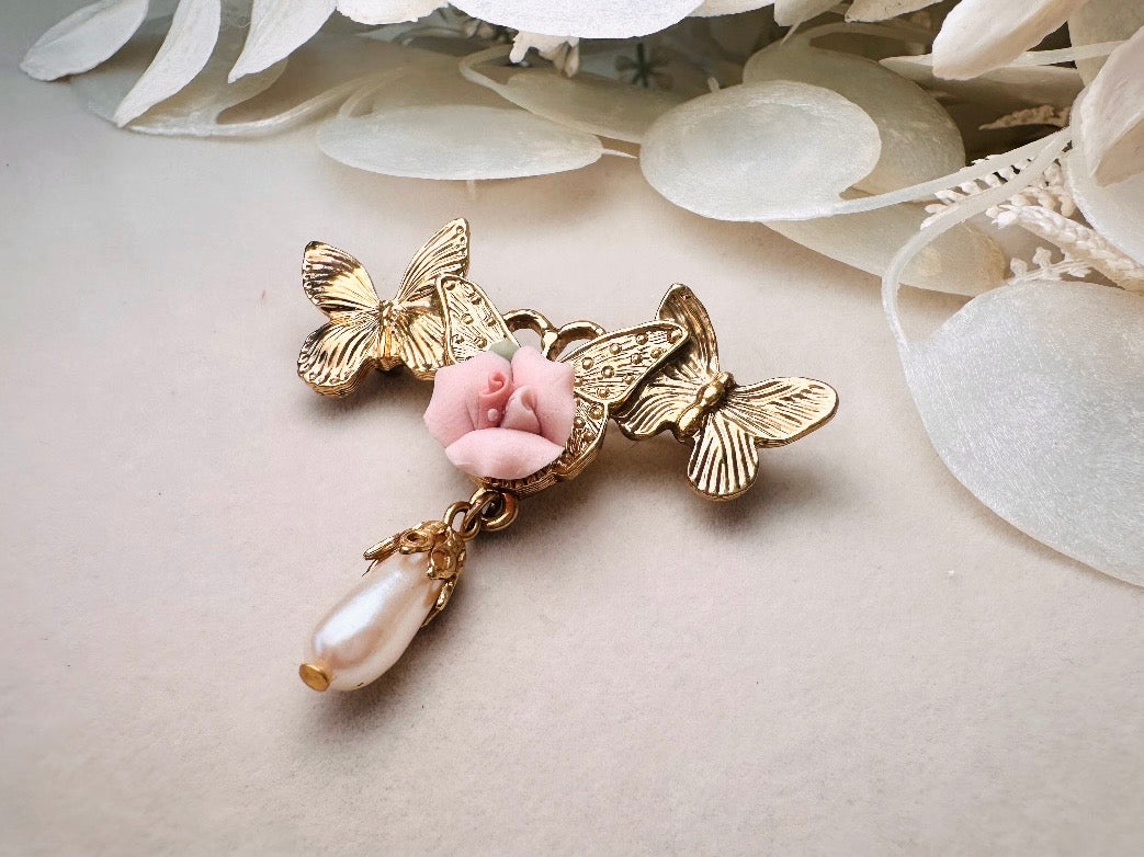 Gold Butterfly Brooch with Pink Porcelain Rose and Cream Pearl Teardrop, Romantic Vintage Coquette Victorian Revival Brooch Pin