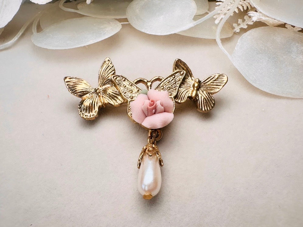 Gold Butterfly Brooch with Pink Porcelain Rose and Cream Pearl Teardrop, Romantic Vintage Coquette Victorian Revival Brooch Pin
